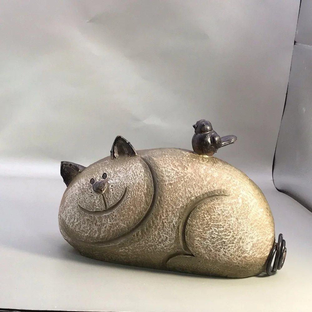 Resin Kitty With Curly Tail And A Bird On His Back Cat